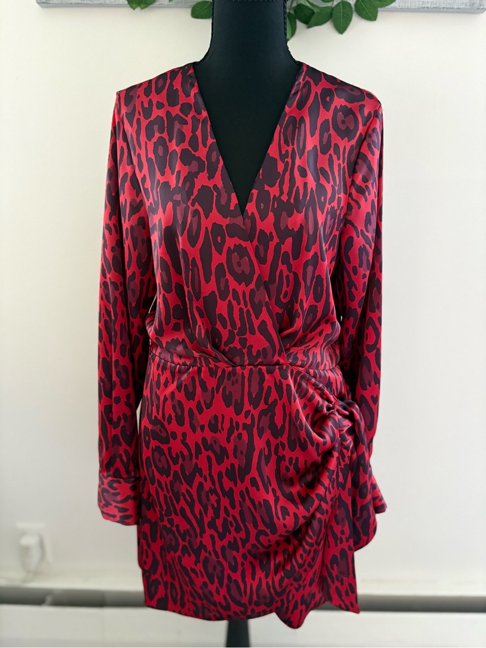 Zara Red and Black Leopard Print Long Sleeve Wrap Dress